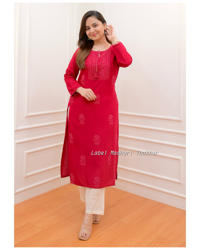 Red embroidered cotton chikankari-kurtis - Saadgi - 3089249
